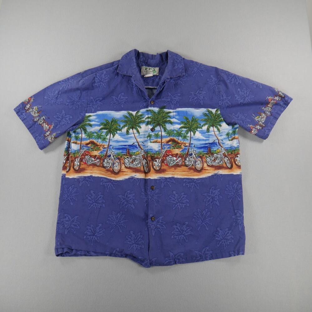 KY's Men's XL Hawaiian Shirt Vintage 100% Cotton Aloha USA Motorcycles Beach USA